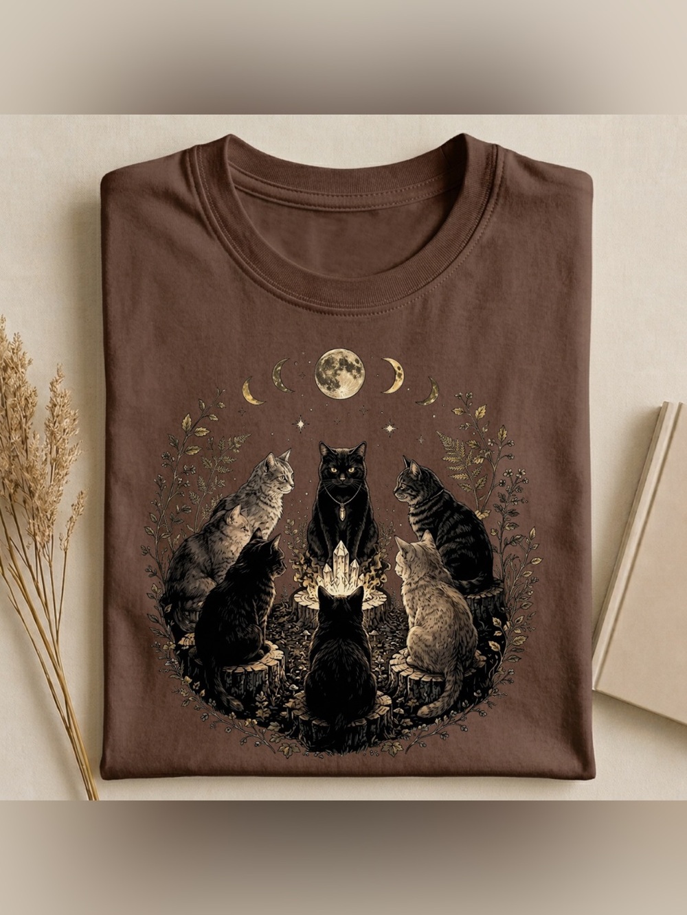 Gildan Dark Brown Occult Cat Circle Crystal Graphic Tee, Vintage 90s Style